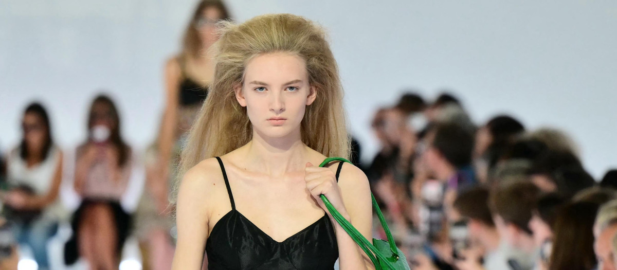 A model walks the runway during the Prada collection show as part of Women's Spring/Summer 2027 Milan's fashion week, on September 22, 2026. (Photo by Stefano RELLANDINI / AFP)