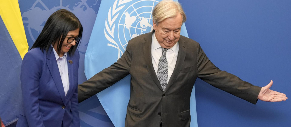 AME9547. NUEVA YORK (ESTADOS UNIDOS), 21/09/2026.- El secretario general de la Organización de las Naciones Unidas (ONU), António Guterres, recibe a la presidenta encargada de Venezuela, Delcy Rodriguez, este lunes, previo a la 81.ª Asamblea General de las Naciones Unidas en Nueva York (Estados Unidos). EFE/ Angel Colmenares
