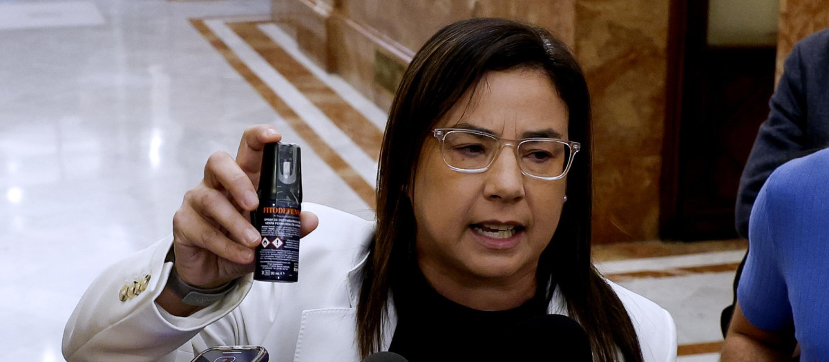 Ana Belén Vázquez muestra a los periodistas el bote de gas pimienta