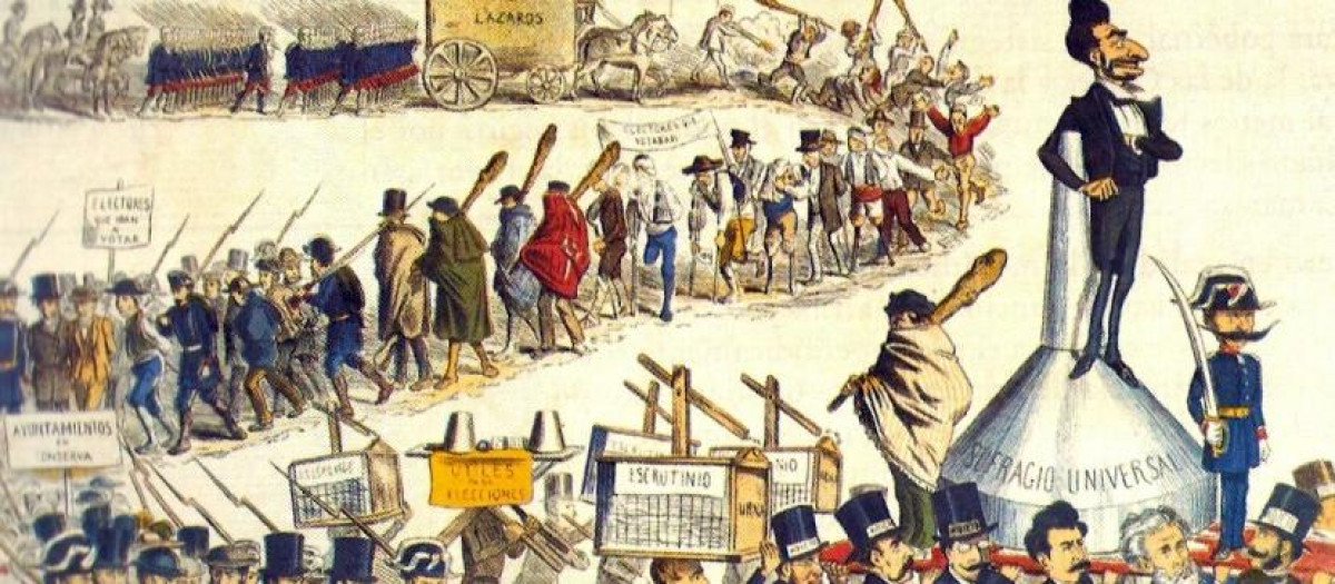 Caricatura de un semanario humorístico que ironiza sobre la farsa electoral durante el régimen de la Restauración (siglo XIX) en España
