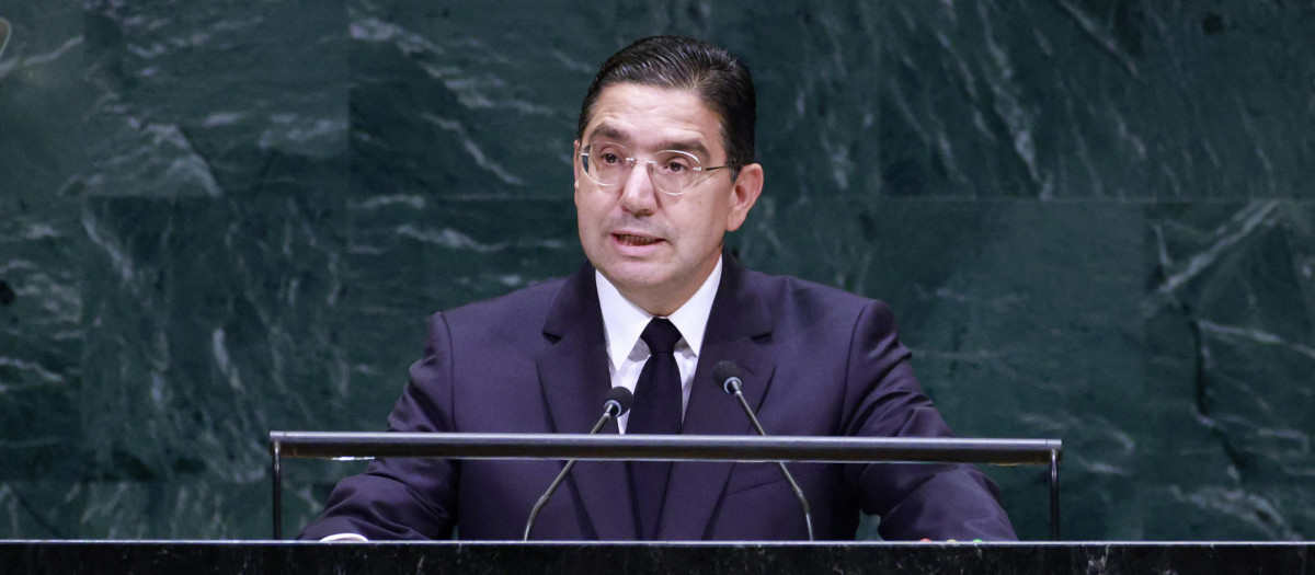 El ministro de Asuntos Exteriores de Marruecos, Nasser Bourita, interviene durante la 81.ª Asamblea General de las Naciones Unidas en la sede de la ONU
