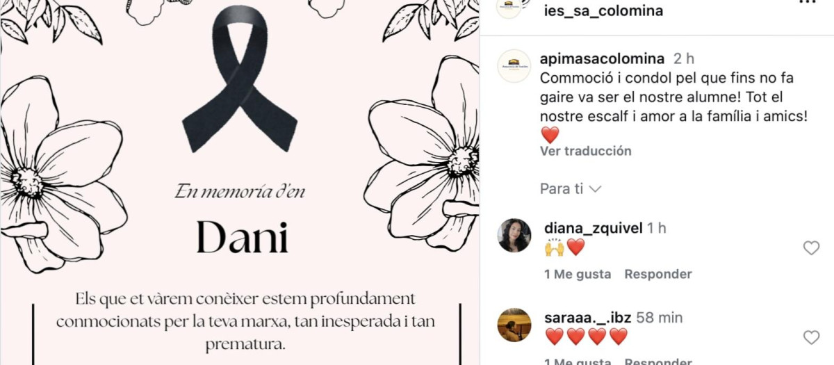 Mensaje de pésame publicado por el IES Sa Colomina y su asociación de padres y madres en Instagram.