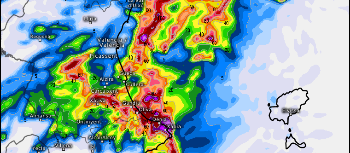 Mapa con la previsión de lluvias del modelo francés AROME para este jueves 1 de octubre en la Comunidad Valenciana.