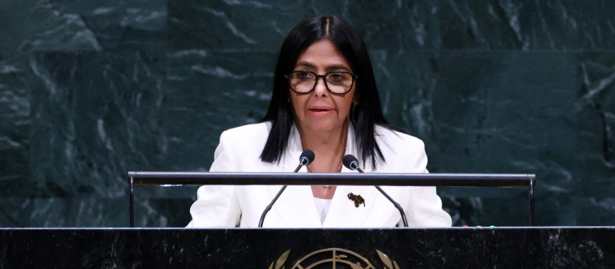 Venezuelas Acting President Delcy Rodriguez speaks during the 81st United Nations General Assembly at the United Nations Headquarters in New York, on September 23, 2026. (Photo by Leonardo MUNOZ / AFP)