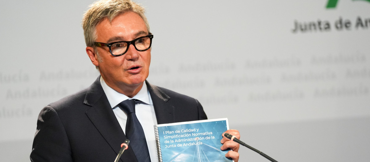 El vicepresidente segundo y consejero de Turismo, Justicia, Desregulación y Administración local, Manuel Gavira, en rueda de prensa