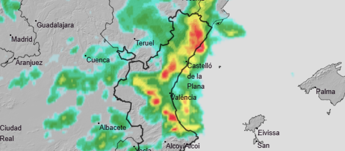 Mapa con la previsión de lluvias entre el 1 y el 2 de octubre en la Comunidad Valenciana.
