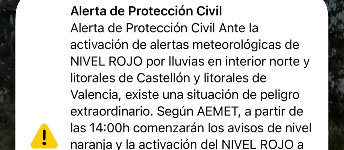 Imagen del Es-Alert enviado por Protección Civil en Valencia y Castellón.