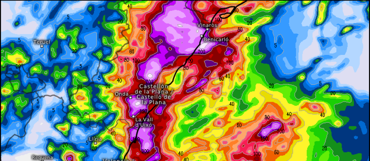 Mapa de lluvias previstas entre el 1 y el 2 de octubre en Valencia y Castellón durante el aviso rojo de Aemet.
