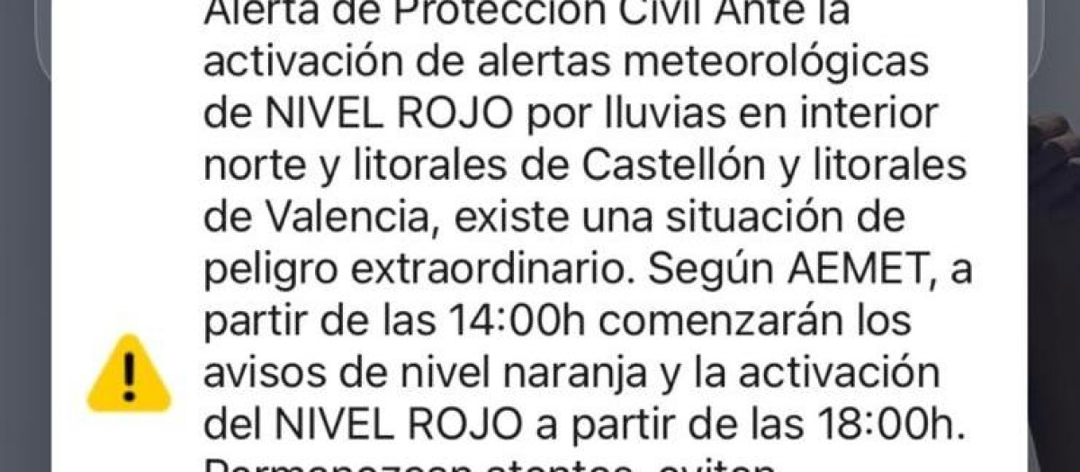 Detalle de uno de los dos Es-Alert remitidos este jueves en la Comunidad Valenciana