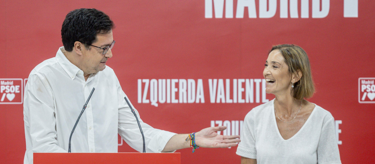 La candidata socialista que concurrirá a la Alcaldía de Madrid en 2027, Reyes Maroto, y el candidato socialista a la Comunidad de Madrid, Óscar López