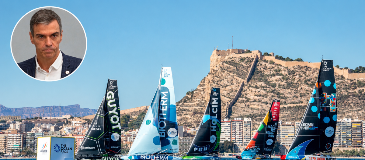 En el círculo, el presidente del Gobierno Pedro Sánchez, junto a una imagen de The Ocean Race en Alicante
