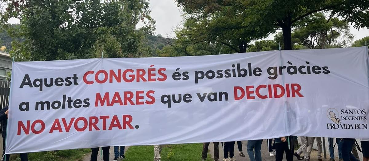 Pancarta en la que puede leerse: "Este congreso es posible gracias a muchas madres que decidieron no abortar"
