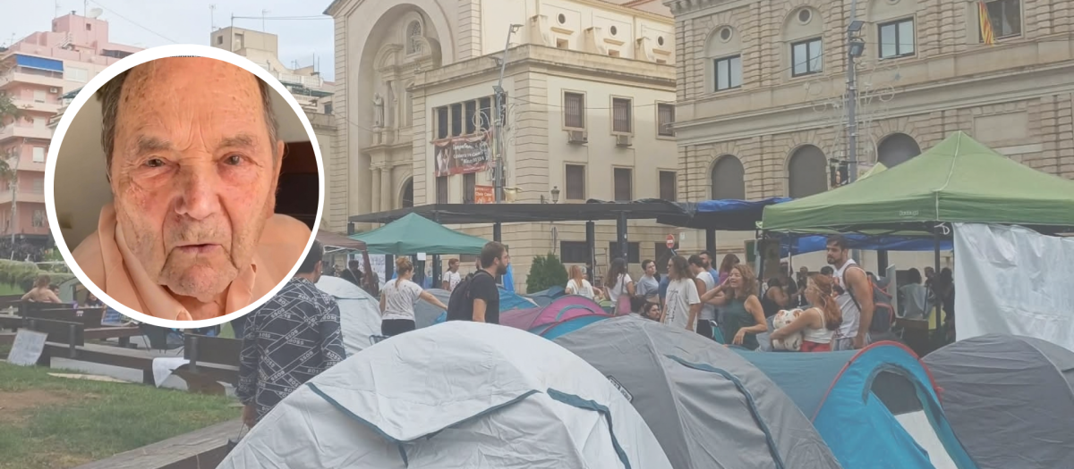Montaje con la imagen de Pedro, el anciano de Benidorm que van a desahuciar, y la imagen de la acampada en Alicante