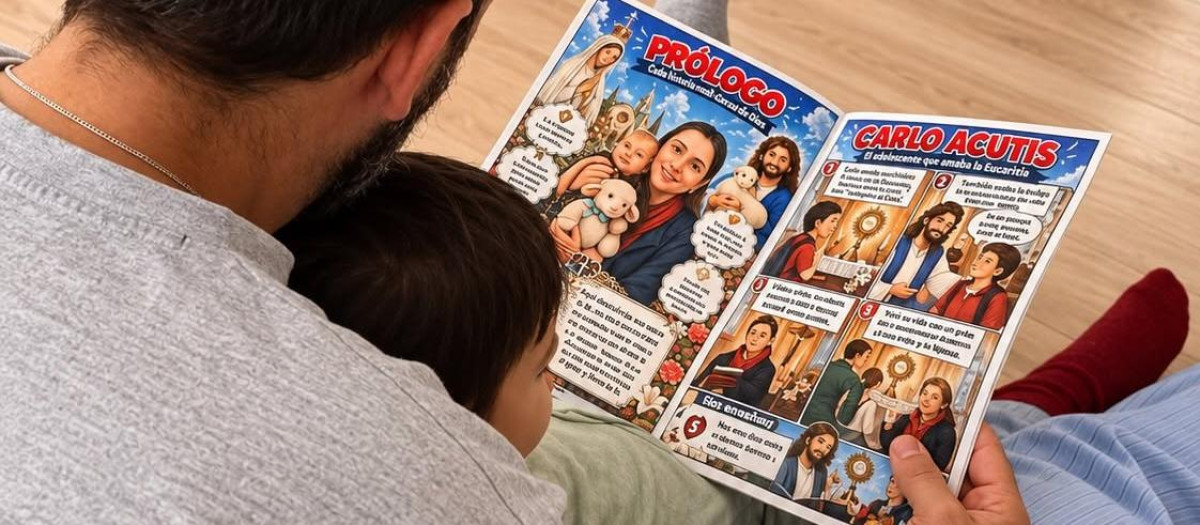 Un padre lee el cómic de San Carlo Acutis a su hijo