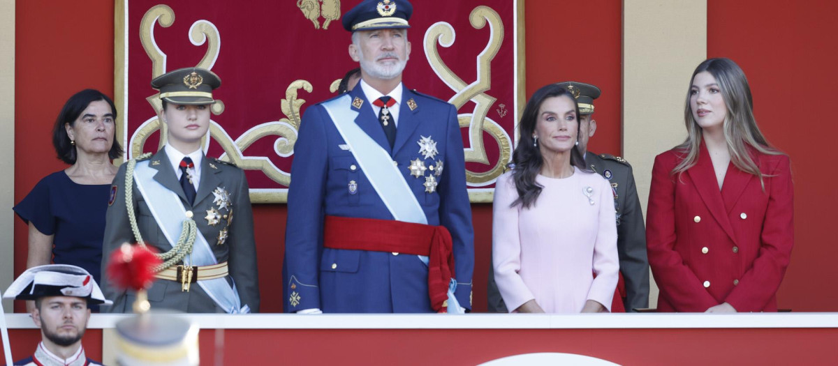 Spanish King Felipe VI and Queen Letizia with Princess Leonor de Borbon and Princess Sofia de Borbon attending a military parade during the known as Dia de la Hispanidad, Spain's National Day, in Madrid, on Monday 12, October 2026.