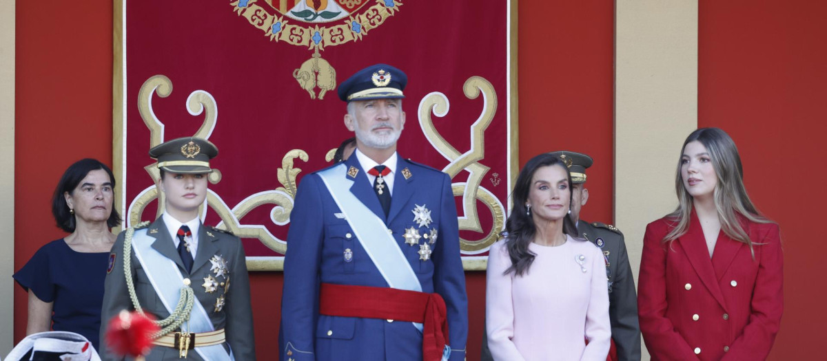 Spanish King Felipe VI and Queen Letizia with Princess Leonor de Borbon and Princess Sofia de Borbon attending a military parade during the known as Dia de la Hispanidad, Spain's National Day, in Madrid, on Monday 12, October 2026.