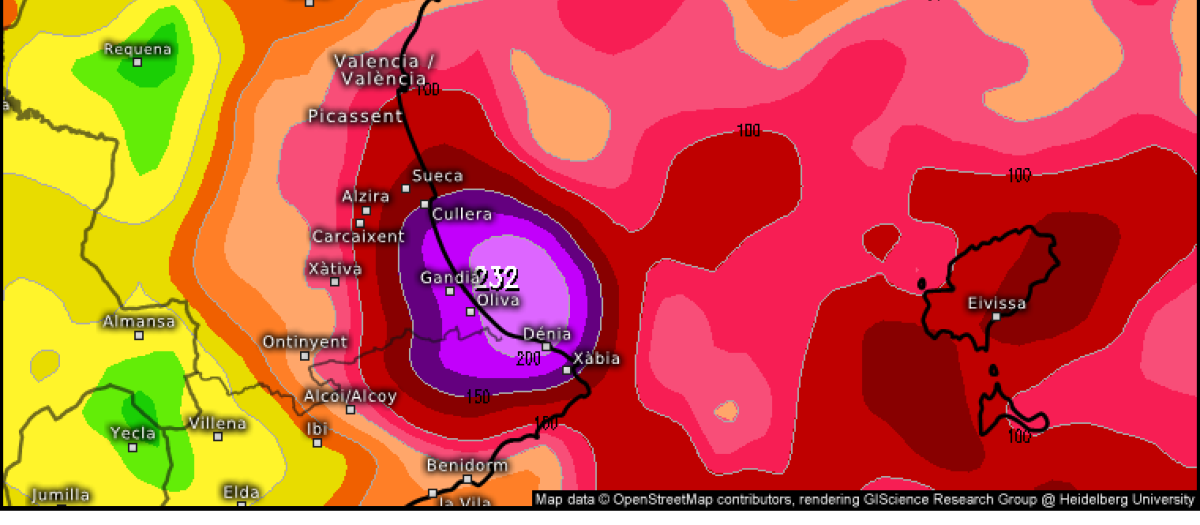 Mapa con la previsión de lluvias por una dana entre el 18 y el 22 de octubre en la Comunidad Valenciana.