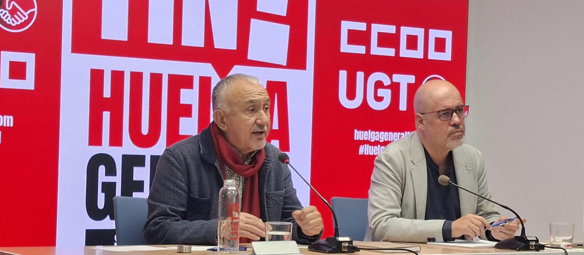 Pepe Álvarez y Unai Sordo, durante la presentación de la huelga general.
