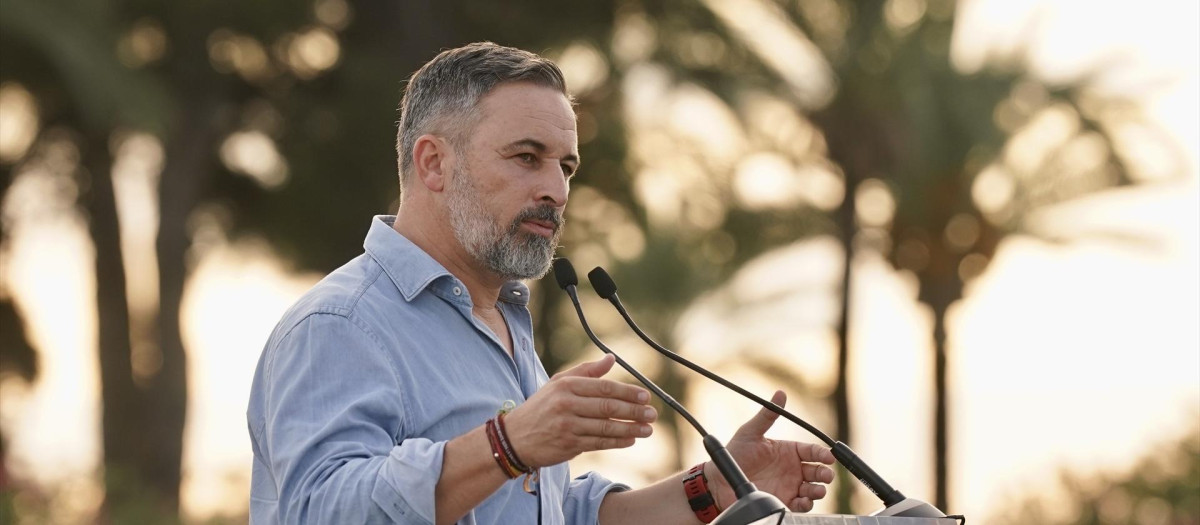 El líder de Vox, Santiago Abascal, en un acto de precampaña este domingo en Estepona (Málaga)