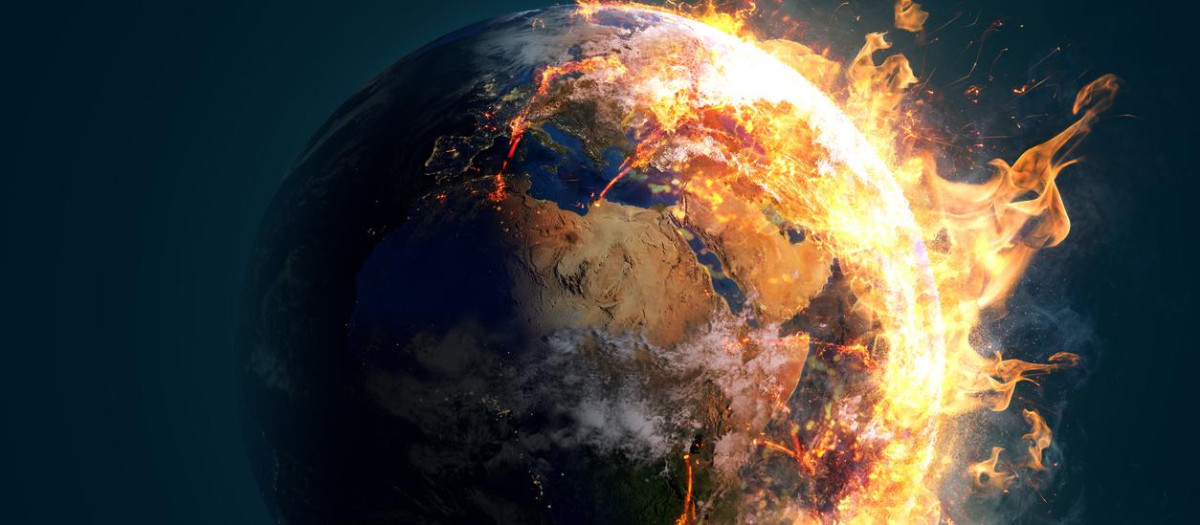 Ilustración del planeta Tierra en llamas