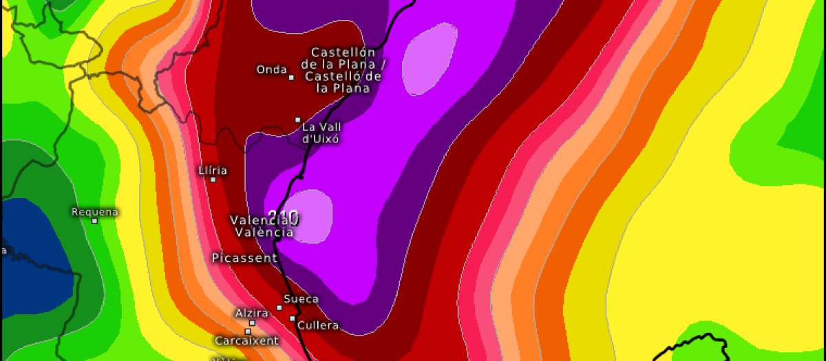 Mapa con la previsión del modelo americano AIGFS con las lluvias previstas por la dana a partir del 17 de octubre en Valencia.