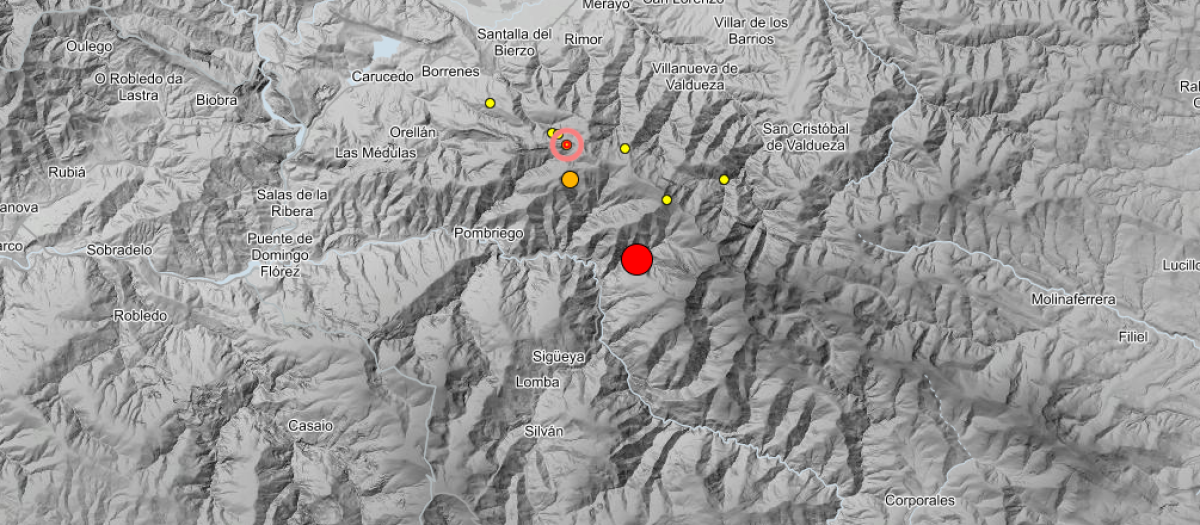 Puntos donde se han registrado movimientos sísmicos, la noche de este jueves, en la comarca leonesa de El Bierzo