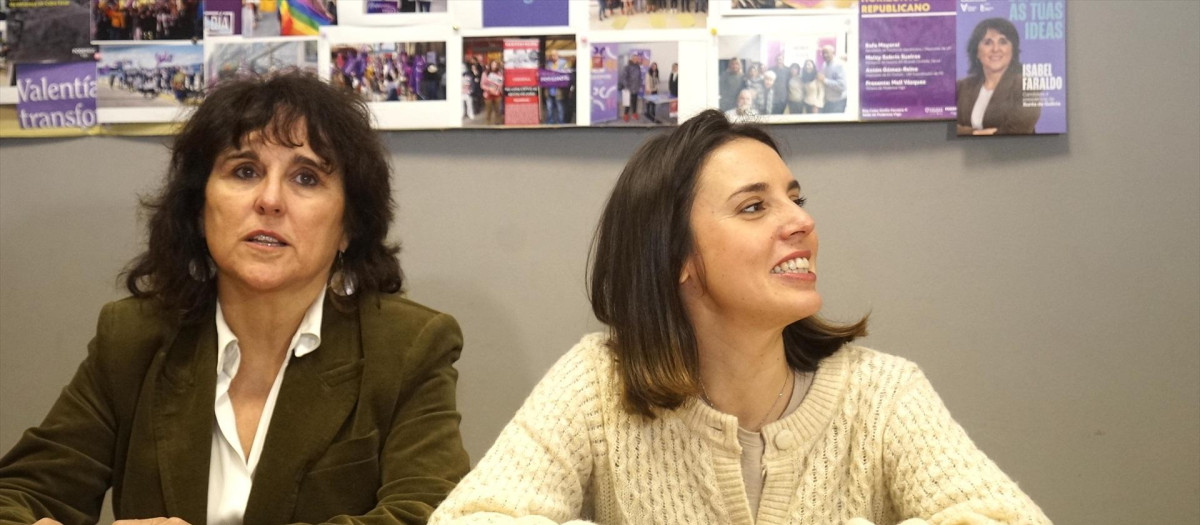 (Foto de ARCHIVO)
La candidata de Podemos a la Presidencia de la Xunta, Isabel Faraldo (i), y la exministra de Igualdad, Irene Montero (d), durante una reunión con el colectivo de técnicas de Igualdad, en la sede de Podemos, a 14 de febrero de 2024, en Vigo, Pontevedra, Galicia (España). Irene Montero se ha desplazado hasta Vigo para reunirse con el colectivo de técnicas de Igualdade de Loita, una plataforma ciudadana para luchar por los derechos de niños, niñas, madres y adolescentes. Además, durante el acto, Montero ha apoyado a Isabel Faraldo como candidata de Podemos en las próximas elecciones a la Xunta de Galicia el próximo domingo 18 de febrero.

Javier Vázquez / Europa Press
14 FEBRERO 2024;PODEMOS;IRENE MONTERO;FARALDO;LOITA;VIGO;GALICIA;CAMPAÑA ELECTORAL;XUNTA
14/2/2024