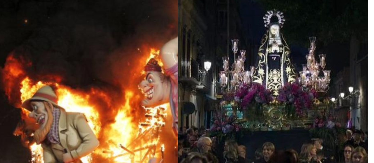 Montaje con la cremà de una falla a la izquierda y una procesión del Viernes de Dolores en Valencia, a la derecha