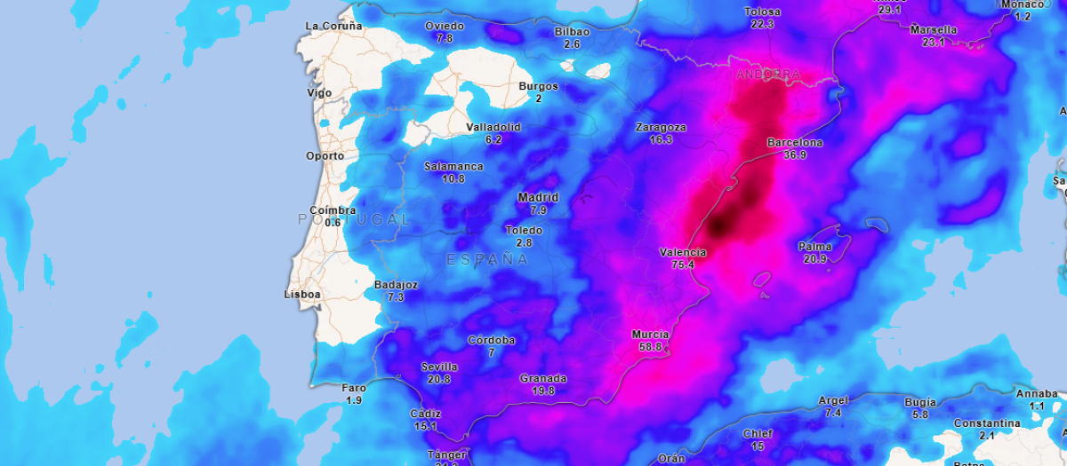 Precipitación acumulada hasta el lunes por la noche
