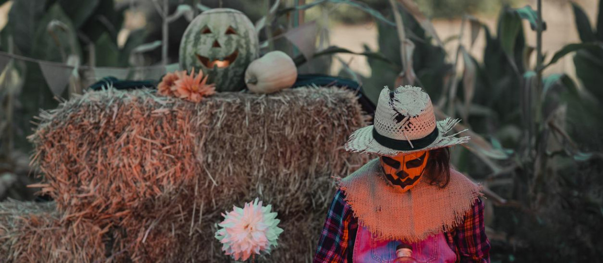 Una chica disfrazada de espantapájaros, rodeada de calabazas de Halloween