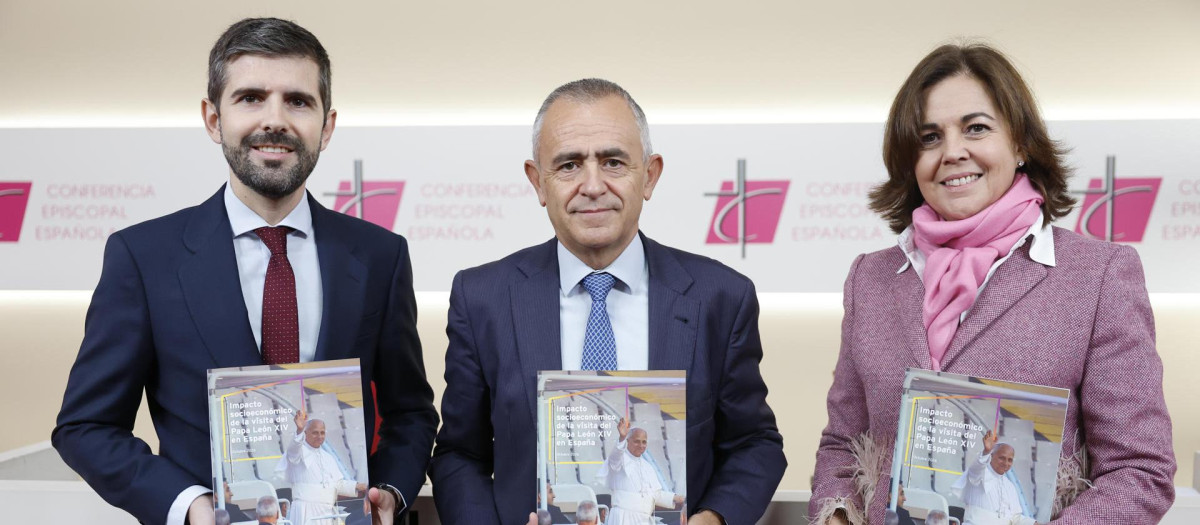 José Mª Albalad, Fernando Giménez Barriocanal y Chus Escobar presentan el informe del impacto socioeconómico de la visita de León XIV a España