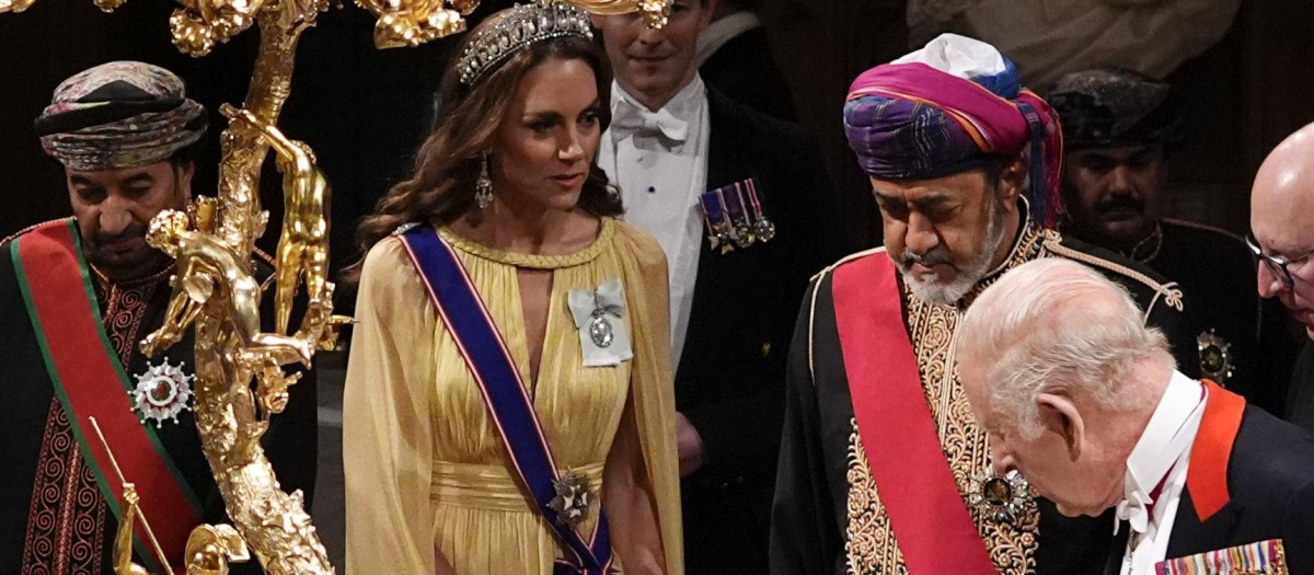 Mandatory Credit: Photo by Jordan Pettitt/WPA Pool/Shutterstock (17227007b)
The Sultan of Oman, Sultan Haitham bin Tarik al Said (centre) with King Charles III (right) and Britain's Catherine Princess of Wales (centre left) during the state banquet for the Sultan of Oman, Sultan Haitham bin Tarik al Said at Windsor Castle, Berkshire, on day one of his state visit to the UK
State Visit by the Sultan of Oman, Haitham bin Tarik to the UK, Windsor, UK - 20 Oct 2026 *** Local Caption *** .