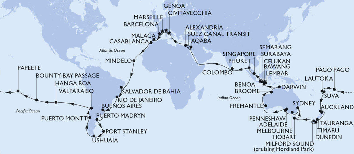 Itinerario de la Vuelta al Mundo 2029 de MSC Cruceros