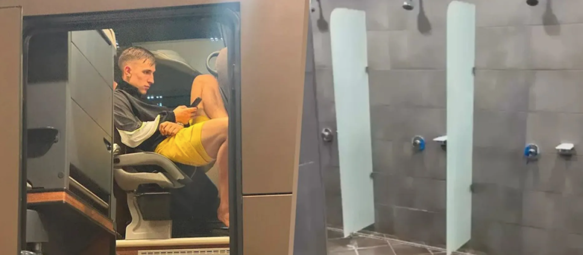 Montaje de Nico Schlotterbeck y las duchas del estadio del Sabah Futbol Klubu