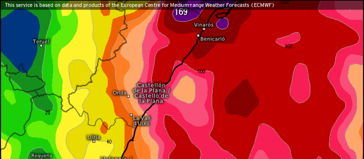 Mapa con la previsión de lluvias acumuladas en la Comunidad Valenciana, según el modelo ECMWF.