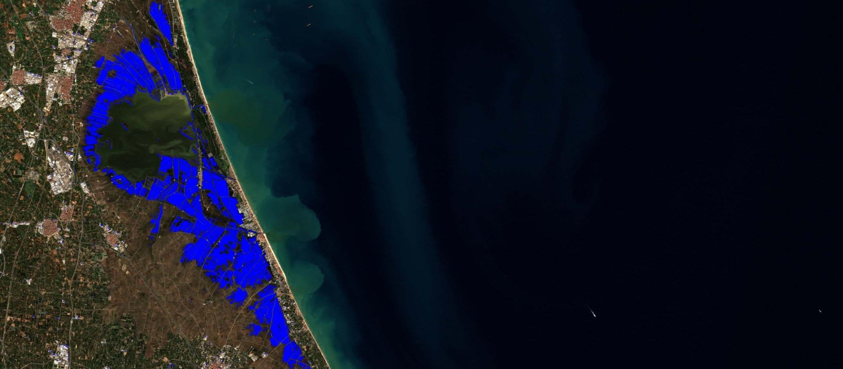 Imagen desde el satélite que revela la huella de la dana Adam en la Albufera y cauces fluviales