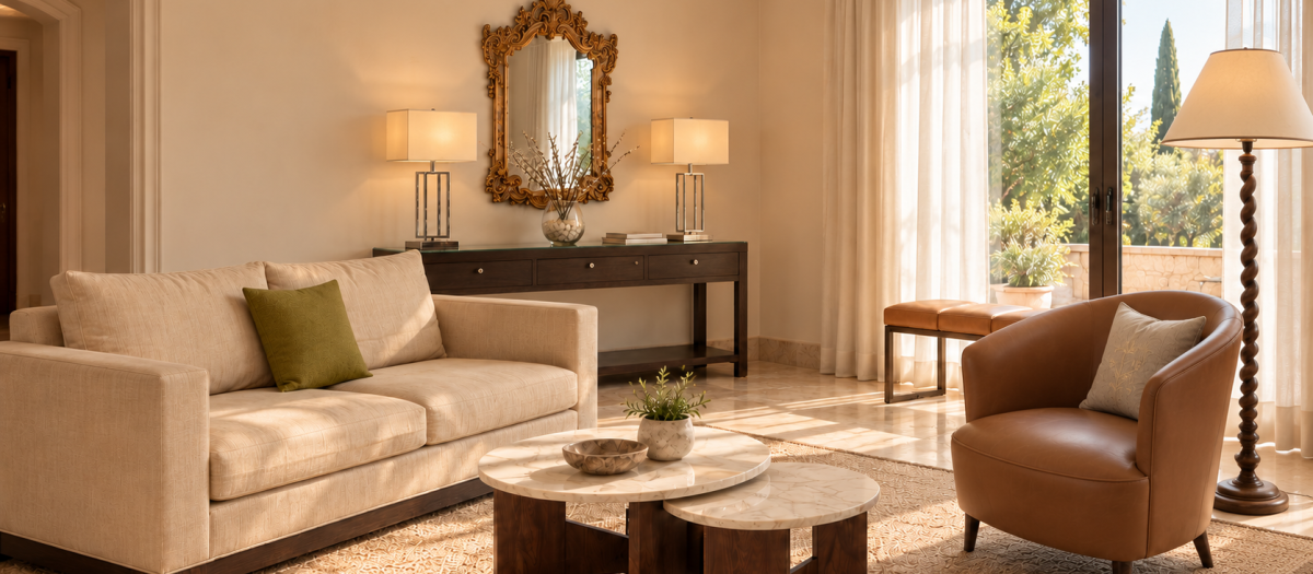 Salón con sillón de cuero y lámpara