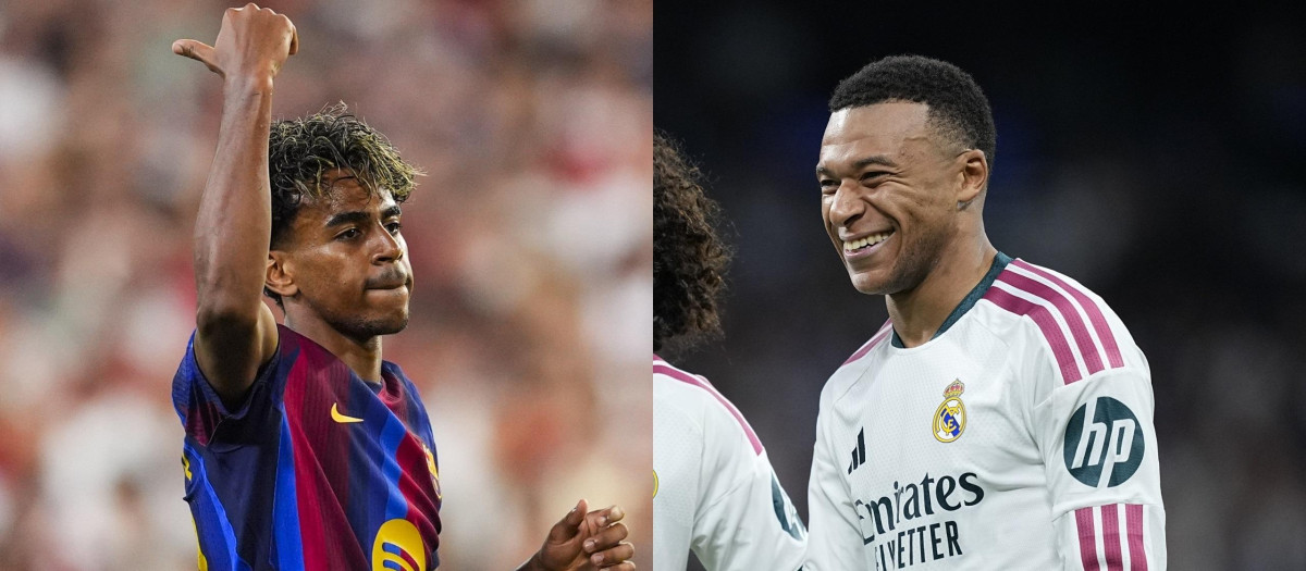 El extremo español del FC Barcelona Lamine Yamal y el delantero francés del Real Madrid Kylian Mbappé