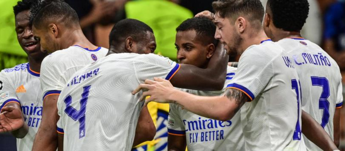 El Real Madrid celebra el gol de Rodrygo, en la primera jornada, ante el Inter de Milán