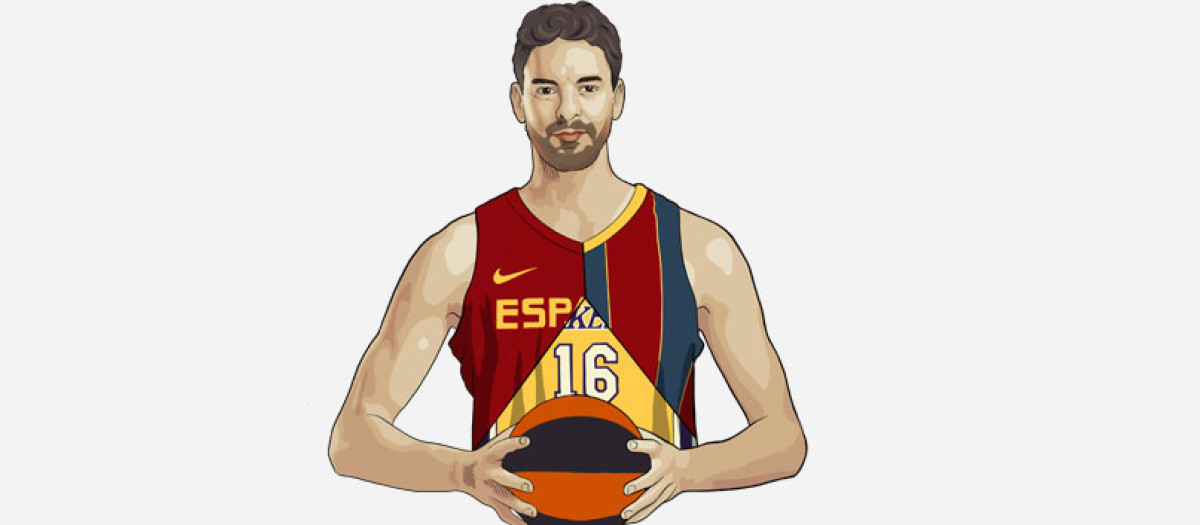 Pau Gasol junto a las camisetas que han marcado su carrera