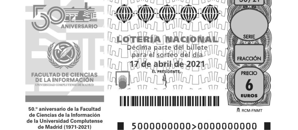 Billete de Lotería con motivo del 50º aniversario de la Facultad de Ciencias de la Información