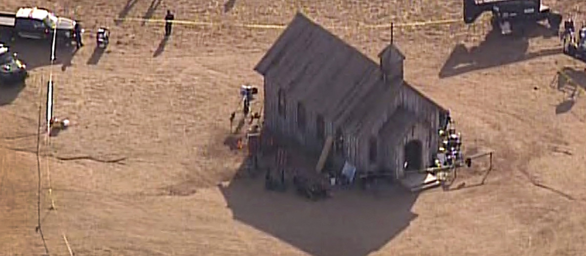 This aerial video image provided by KOAT 7 News, shows Santa Fe County Sheriff's Officers responding to the scene of a fatal accidental shooting at a Bonanza Creek, Ranch movie set near Santa Fe, N.M. Thursday, Oct. 21, 2021. Authorities say a woman has been killed and a man injured Thursday after they were shot by a prop firearm at a movie set outside Santa Fe. The Santa Fe County Sheriff's Office says a 42-year-old woman was airlifted to a hospital, where she died, while a 42-year-old man was getting emergency care at another hospital.