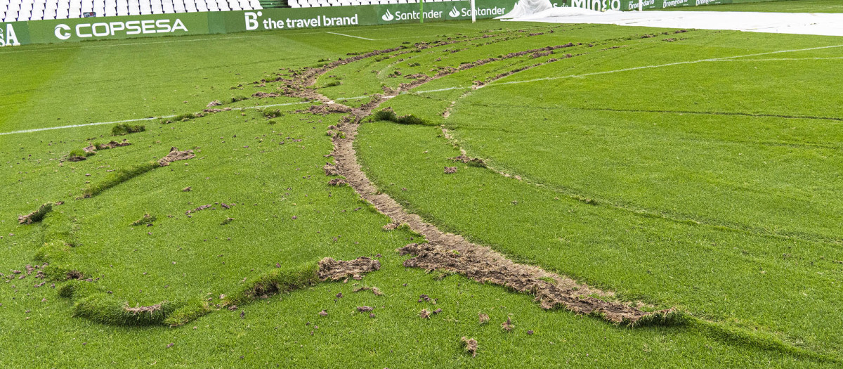 Así ha quedado el césped del estadio del Racing tras el acto vandálico sufrido durante la madrugada