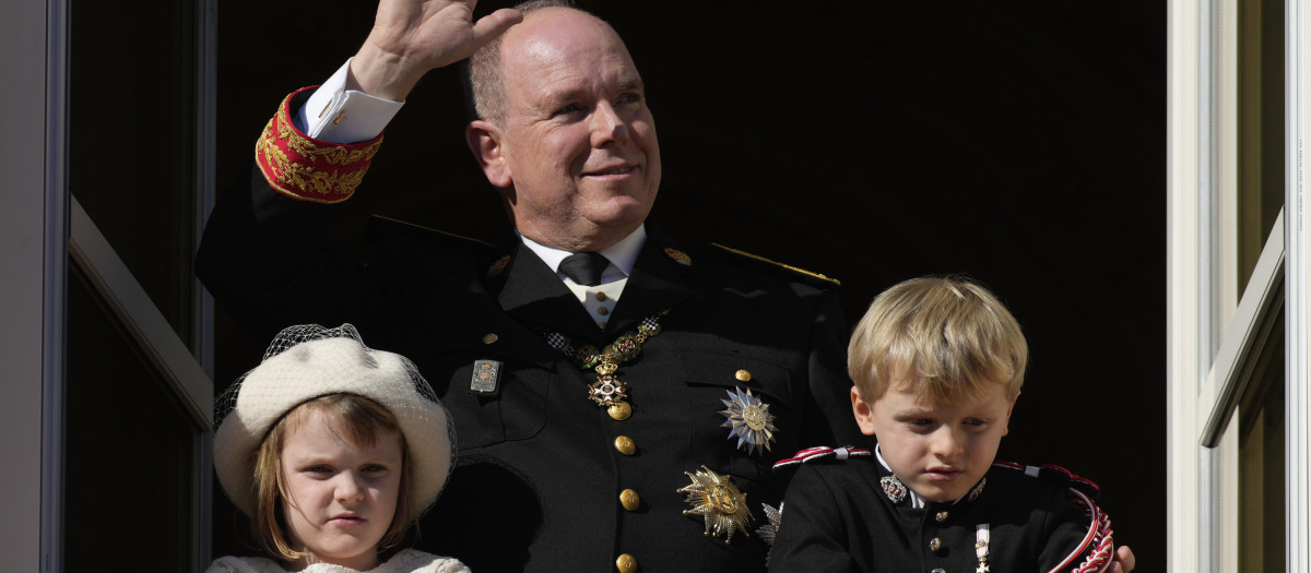 Prince Albert II of Monaco with Prince Jacques and Princess Gabriella during the ceremonies marking the National Day in Monaco,, Friday Nov.19, 2021 in Monaco.