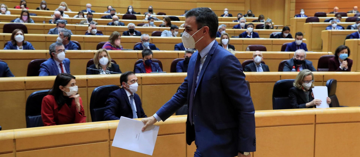 El presidente del Gobierno, Pedro Sánchez, durante la sesión de control al Gobierno celebrada este martes en el Senado