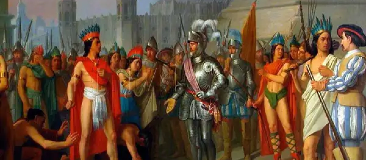 Tapiz ilustrativo del encuentro entre Hernán Cortés y Moctezuma