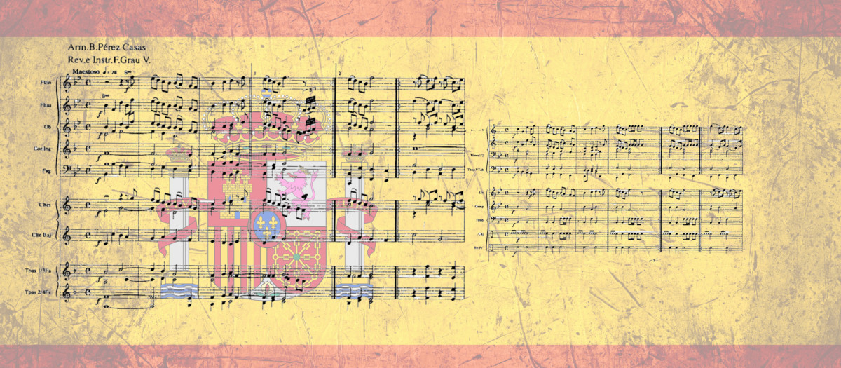 Montaje de la partitura del Himno nacional sobre la Bandera española.