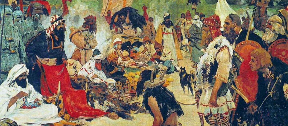 Tráfico de esclavos en el campamento de los eslavos orientales, pintura de Serguéi Ivanov