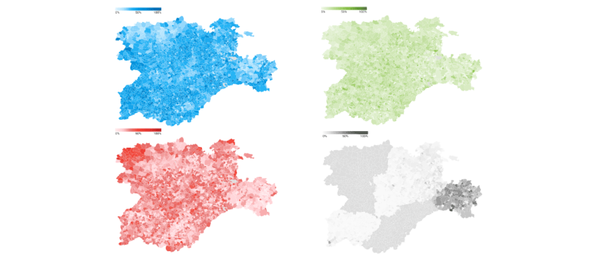 Porcentaje de voto a PP, Vox, PSOE y España Vaciada por localidades en las elecciones autonómicas de Castilla y León de 2022