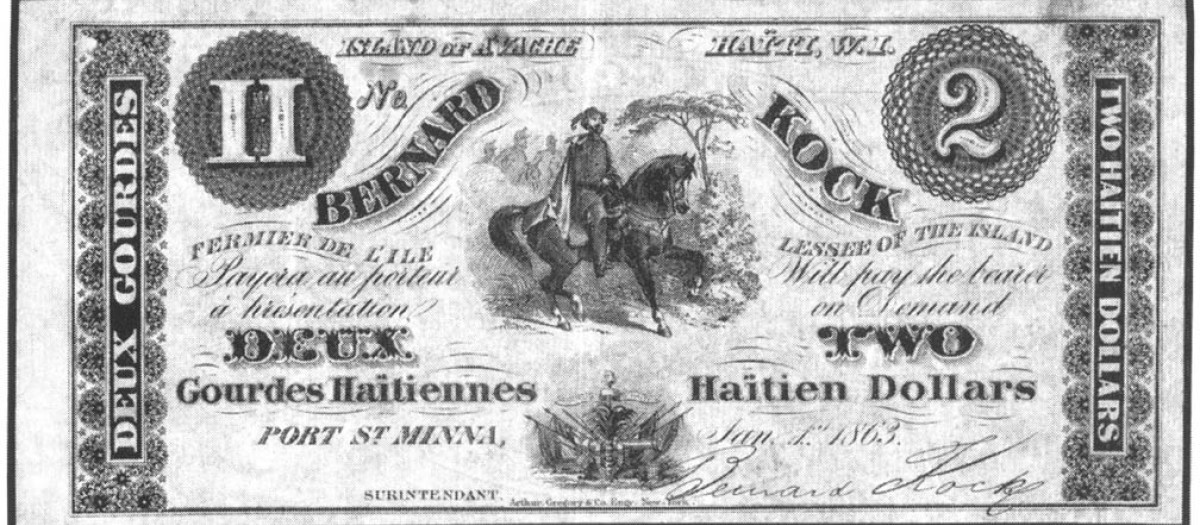 2 dólares haitianos con la imagen de Bernard Kock